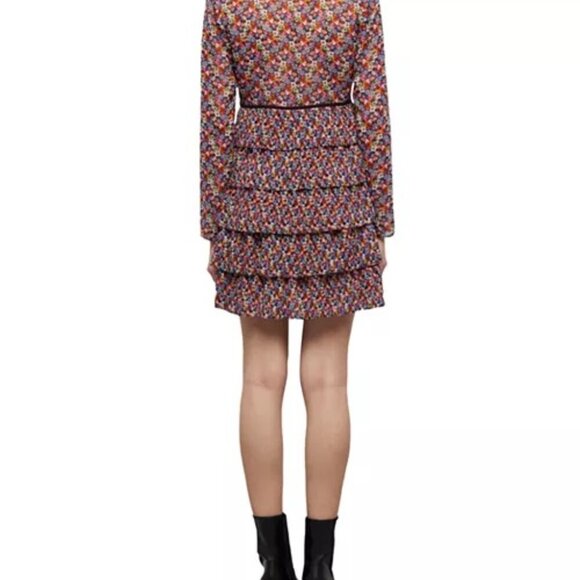 The Kooples Floral Tiered Ruffle Mini Dress US Size 6 Black Multicolor - Picture 2 of 10